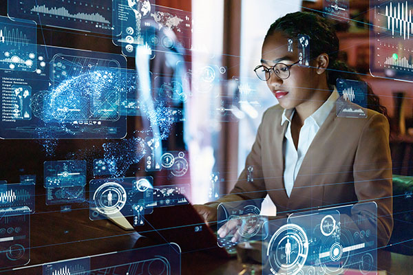 A stylized image of an MSIS degree student working in the field of business analytics and artificial intelligence.